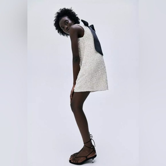 NWT H&M Sleeveless Sequined Tie-Back Bow Party Dress White/Black XS S M L XL XXL - Picture 2 of 10